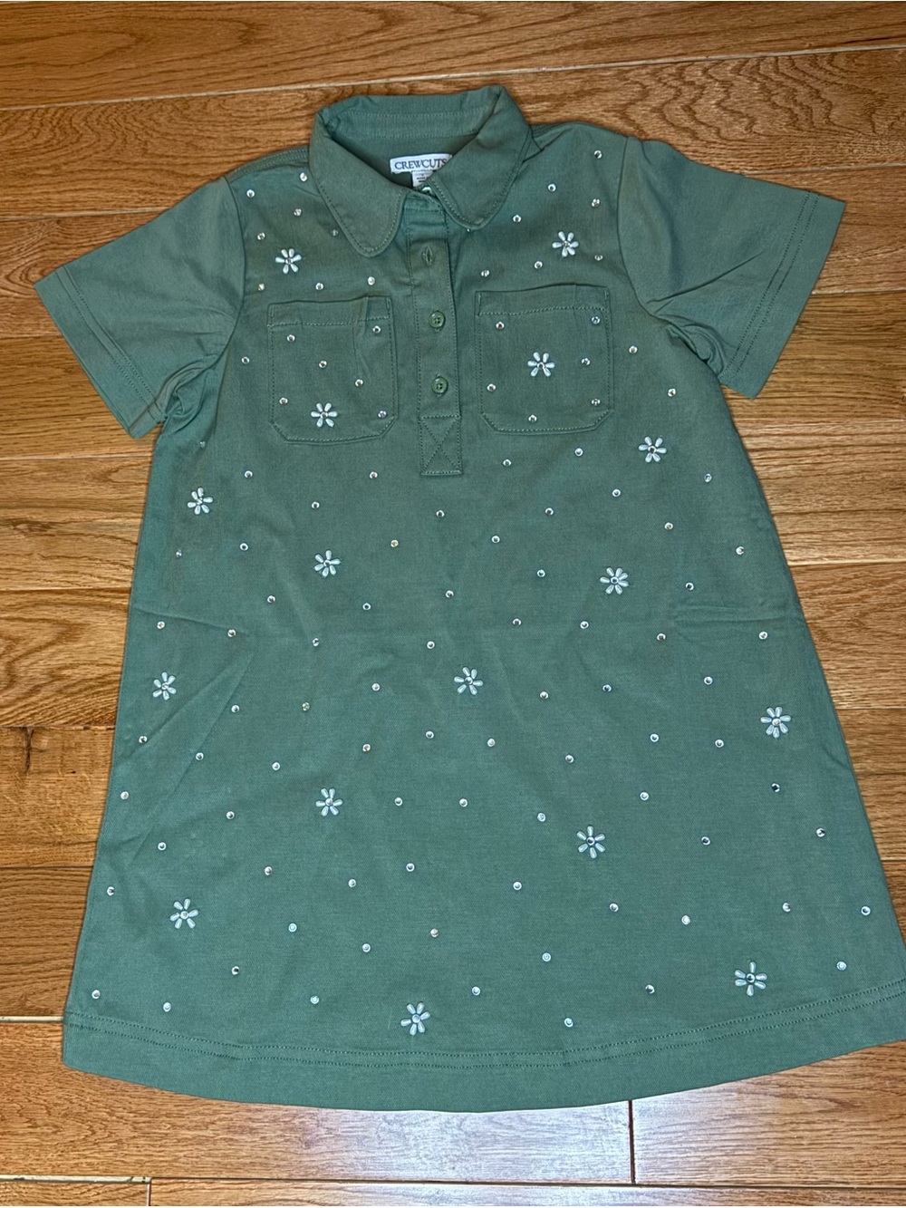 Crewcuts Girls Size 6 Olive Green Daisy Rhinestone Polo Dress